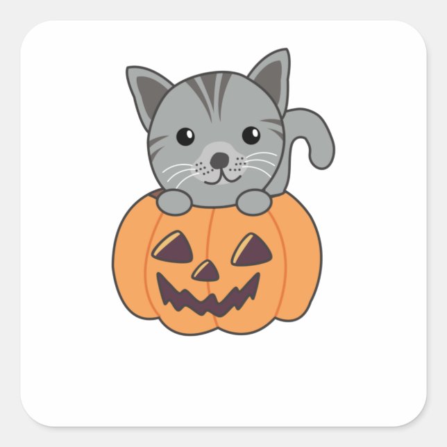 Sticker Carré Chat En Citrouille Chats Doux Joyeux Halloween (Devant)