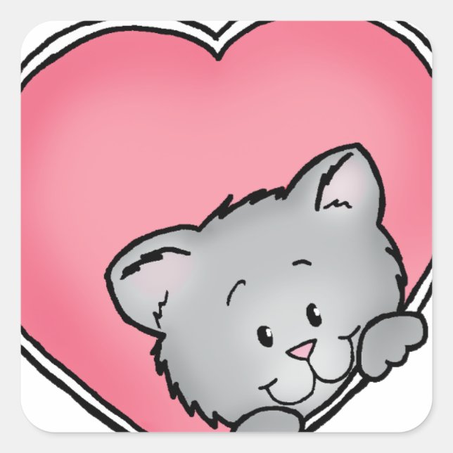 Sticker Carré Chat en coeur - Cadeau de la Saint-Valentin (Devant)