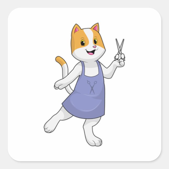 Sticker Carré Chat en coiffeur avec ciseaux (Devant)