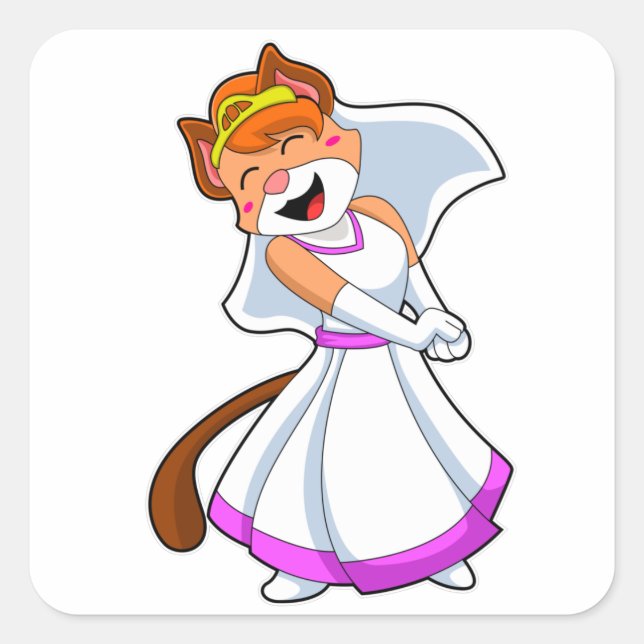 Sticker Carré Chat en Mariée avec robe Mariage et couronne (Devant)