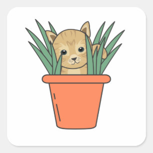 Sticker Carré Chat En Pot Fleur Drôle Kitten En Plante