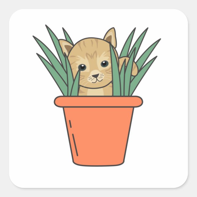 Sticker Carré Chat En Pot Fleur Drôle Kitten En Plante (Devant)