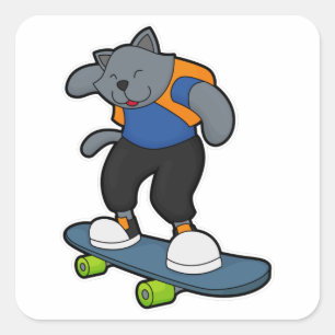 Sticker Carré Chat en Skateboard avec Skateboard