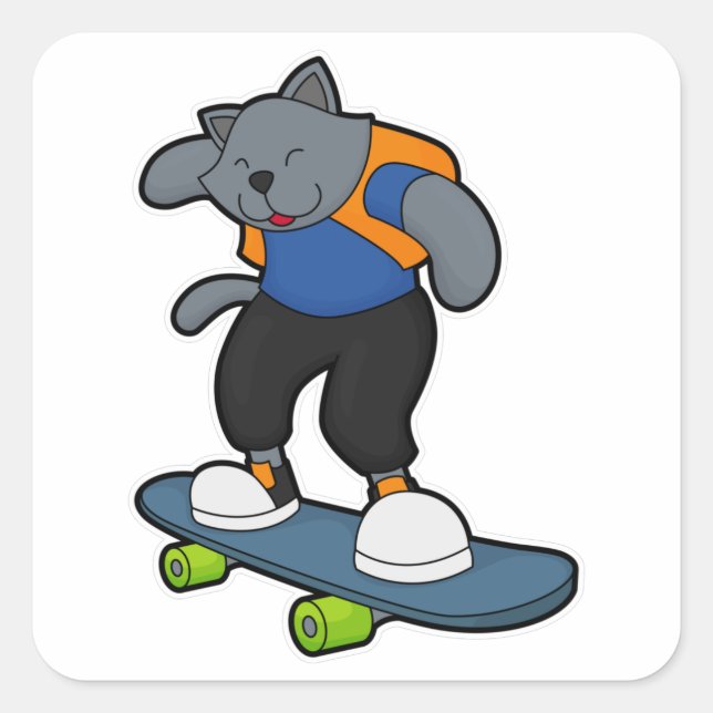 Sticker Carré Chat en Skateboard avec Skateboard (Devant)