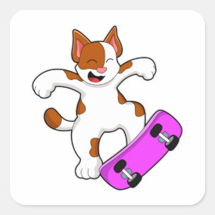 Sticker Carré Chat en tant que skate avec skateboard