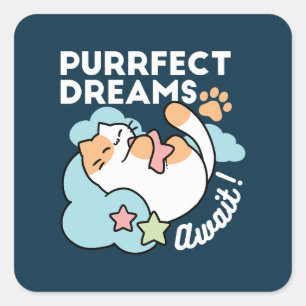 Sticker Carré Chat Endormi Enlaçant une Étoile – Rêves Parfaits