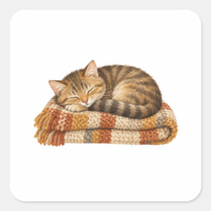 Sticker Carré Chat endormi sur une couverture tricotée