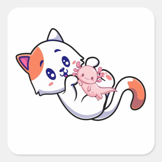 Sticker Carré Chat et Axolotl Kawaii Neko Anime (Devant)