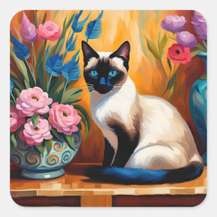 Sticker Carré Chat et bouquets siamois dans Vases aquarelle