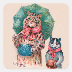 Sticker Carré Chat et chaton de Louis Wain avec des parapluies
