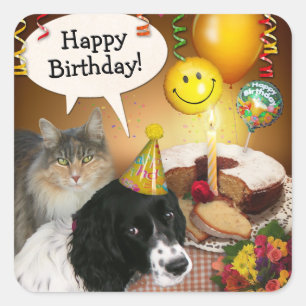 Sticker Carré Chat et chien d'anniversaire (personnalisable) Sti
