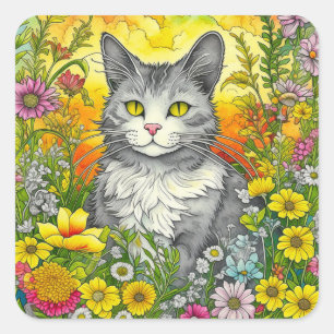 Sticker Carré Chat et Fleurs Whimsical