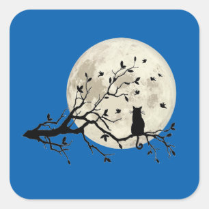 Sticker Carré Chat et oiseaux avec silhouette et Pleine lune d'a