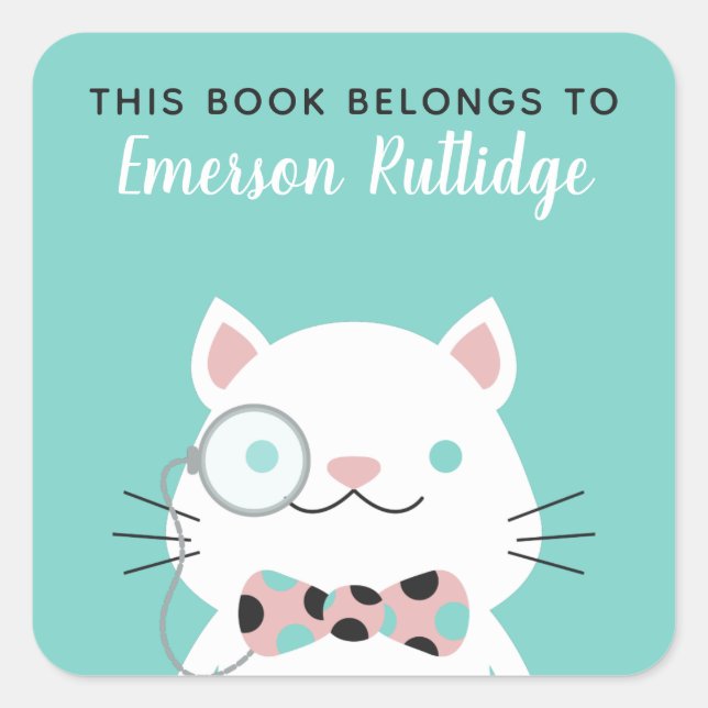 Sticker Carré Chat fantaisie | Turquoise Ce Livre Appartient À (Devant)