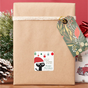 Sticker Carré Chat Festif mignon avec un chapeau de Père Noël ro