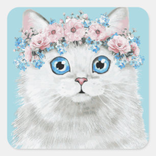 Sticker Carré Chat floral blanc doux