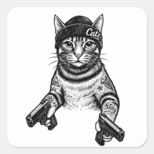 Sticker Carré Chat Gangster Tatoué Art Kitty Streetwear Cool