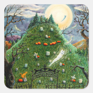 STICKER CARRÉ CHAT GHOSES DANS NEUF CIMETIÈRE DE VIE, ART FOLK É