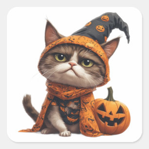Sticker Carré Chat Grincheux Avec un Citrouille d'Halloween 🎃