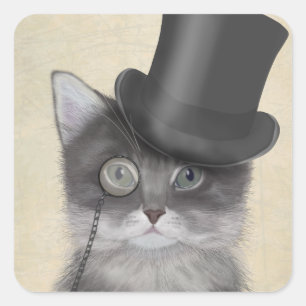 Sticker Carré Chat gris avec chapeau supérieur
