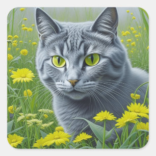 Sticker Carré Chat gris mignon avec Yellow Eyes Ai Art