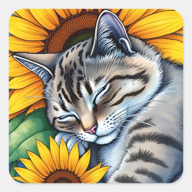 Sticker Carré Chat gris mignon dormant et tournesol (Devant)