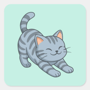 Sticker Carré Chat Gris Tabby Étiré en Vert