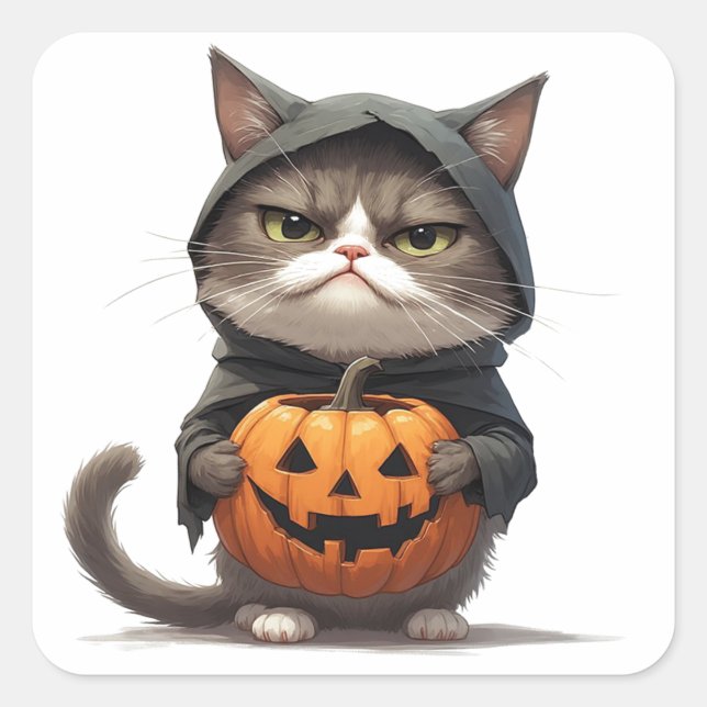 Sticker Carré Chat Grumpy Dans Un Costume De Sorcière Citrouille (Devant)