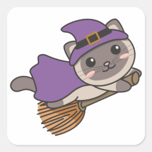 Sticker Carré Chat Halloween Witch Enfants Costume sorcier Carré