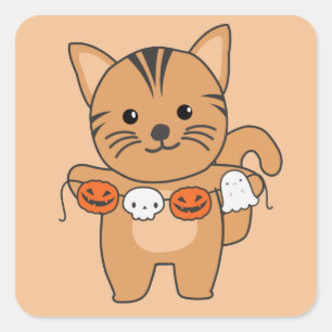 Sticker Carré Chat Happy Halloween Citrouille Chat Costume Carré