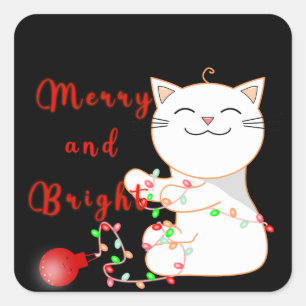 Sticker Carré Chat heureux jouant avec la lumière LED Noël mig