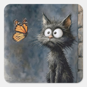 Sticker Carré Chat hirsute fixant un papillon monarque