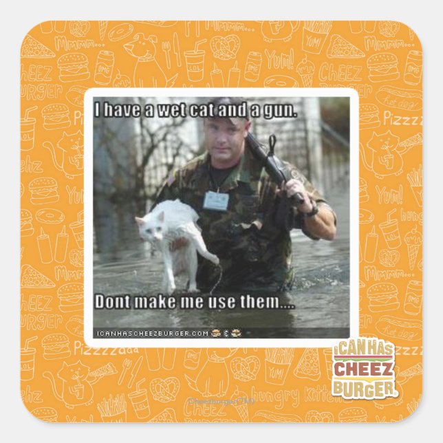 Sticker Carré Chat humide et pistolet (Devant)