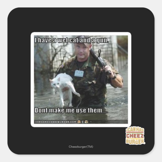 Sticker Carré Chat humide et pistolet (Devant)
