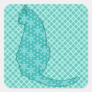 Sticker Carré Chat japonais - Kimono turquoise