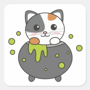 Sticker Carré Chat Joyeux Halloween Cauldron Bat