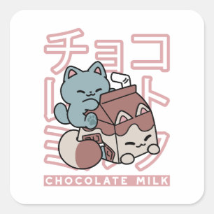 Sticker Carré Chat Kawaii avec du Lait au Chocolat – Pop Art Jap