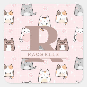 Sticker Carré Chat Kawaii en Arrière - plan rose