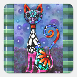 Sticker Carré Chat Kitty Abstrait Funky aux Grands Yeux Fantaisi