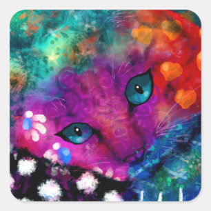 Sticker Carré Chat Kitty Abstrait violet orange vert noir blanc