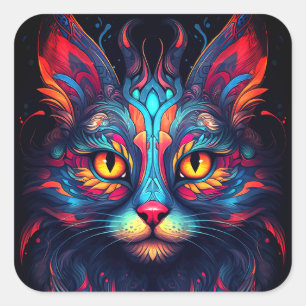Sticker Carré Chat Kitty coloré Animal Psychedelic Imaginaire Ar