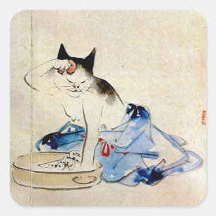 Sticker Carré Chat laver son corps, Utagawa Hiroshige
