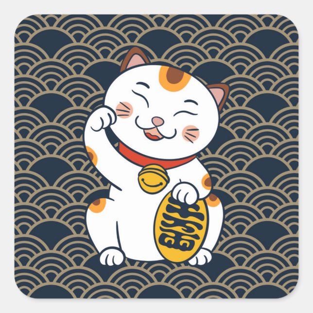 Sticker Carré Chat Lucky Japonais Calico | Maneki Neko (Devant)