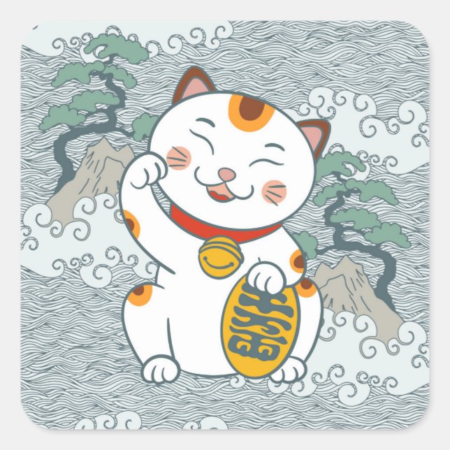 Sticker Carré Chat Lucky Japonais Calico | Maneki Neko (Devant)
