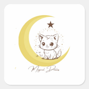 Sticker Carré Chat Magique Mignon sur Rêves Étoilés de Lune - Ro