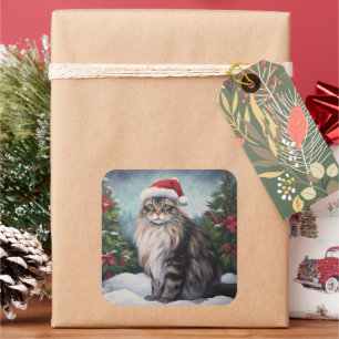 Sticker Carré Chat Maine Coon dans la neige de Noël