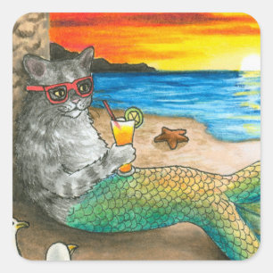 Sticker Carré Chat Mermaid 25 Beach Sunset