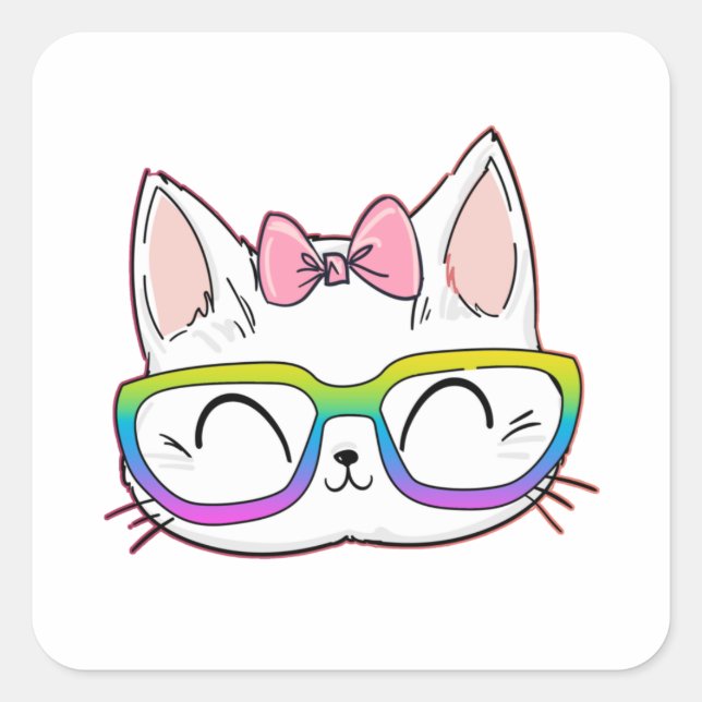 Sticker Carré Chat mignon avec lunettes (Devant)