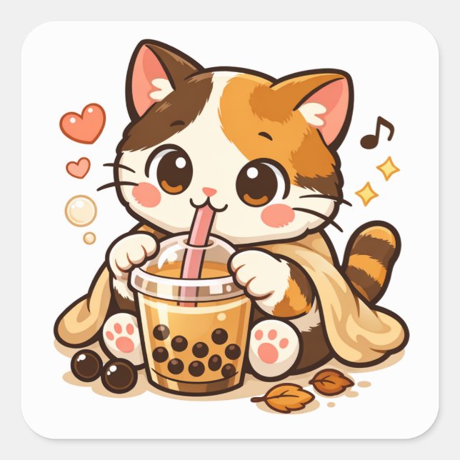 Sticker Carré Chat Mignon Buvant du Bubble Tea | Design de Chat  (Devant)