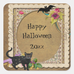 Sticker Carré Chat mignon et chauve-souris Halloween vintage